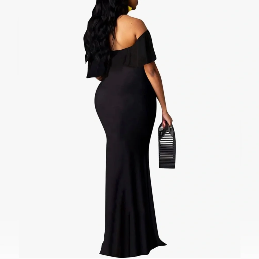 NEW Off The Shoulder Maxi Dress Black Ruffle Evening Party Long Dress Size L - Picture 2 of 12